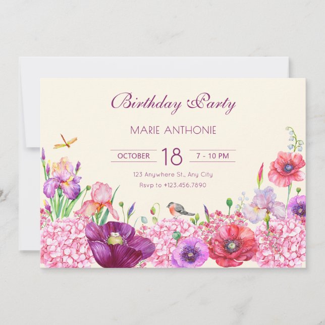 Watercolor floral branch bird nature birthday  invitation (Front)