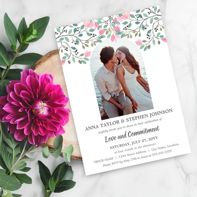 Watercolor Floral Branch Photo Commitment Ceremony Invitation (Elegant watercolor floral branch commitment ceremony invite front view.)