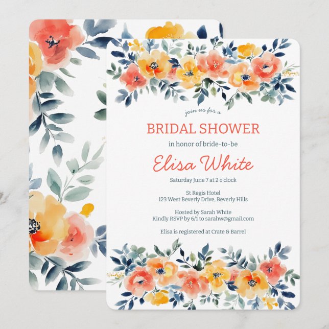 Watercolor Floral Bridal Shower CUSTOM  Invitation (Front/Back)