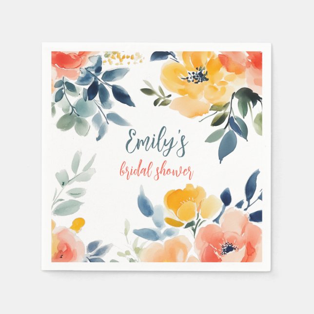 Watercolor Floral Bridal Shower Custom  Napkins (Front)