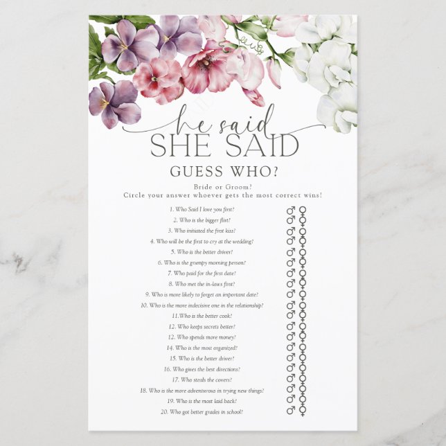Watercolor Floral Bridal Shower Game (Front)