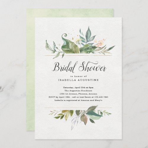Watercolor Floral Bridal Shower Invitation - Delicate flowers and greenery provide a lovely backdrop for your bridal shower invitation.  Peach, yellow, and green watercolor flowers on a solid white background contrast nicely with the green watercolors on the reverse side.  On the front, the gold (faux glitter) in between the flowers and the text provides a pop of elegance.

Matching items available in the Summer Floral Collection in my store.