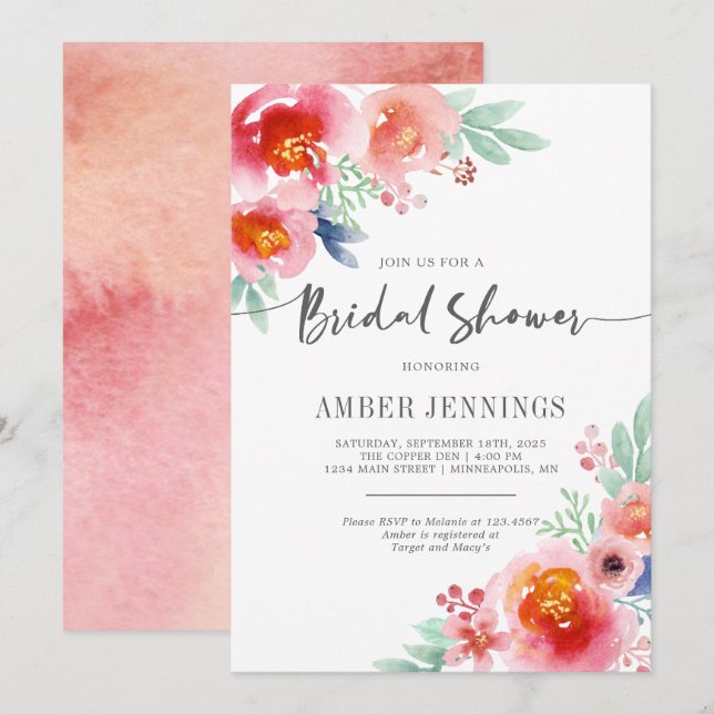 Watercolor floral bridal shower invitation (Front/Back)
