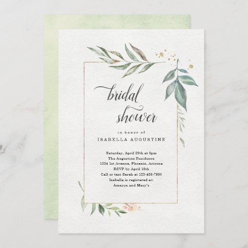 Watercolor Floral Bridal Shower Invitation - Delicate flowers and greenery provide a lovely backdrop for your bridal shower invitation.  Blush, yellow, and sage watercolor flowers on a solid white background contrast nicely with the sage green watercolors on the reverse side.  On the front, the gold (faux glitter) in framing the flowers and the text provides a pop of elegance.

Matching items available in the Summer Floral Collection in my store.