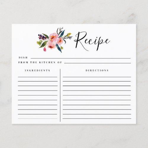 Watercolor Floral Bridal Shower Recipe Card