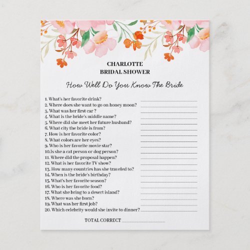 Watercolor Floral Bridal Shower Trivia Question Flyer