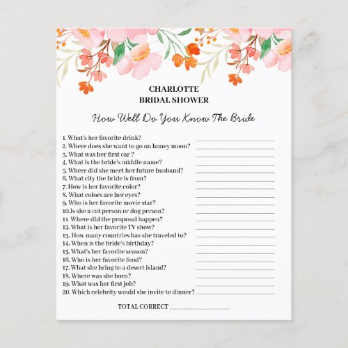 Watercolor Floral Bridal Shower Trivia Question Flyer