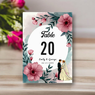 Watercolor Floral Bride And Groom Elegant Wedding Table Number