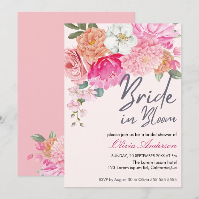 Watercolor Floral Bride In Bloom Bridal Shower Invitation (Front/Back)