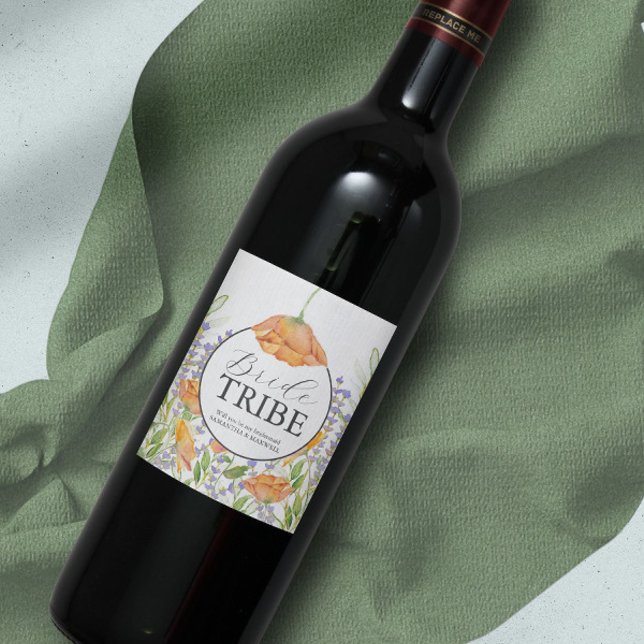 Watercolor Floral Bridesmaid Proposal Label (Bridesmaid proposal gift custom wine label watercolor wildflower art by Victoria Grigaliunas.)