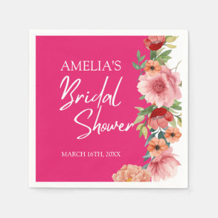 Watercolor floral bright pink bridal shower table napkins