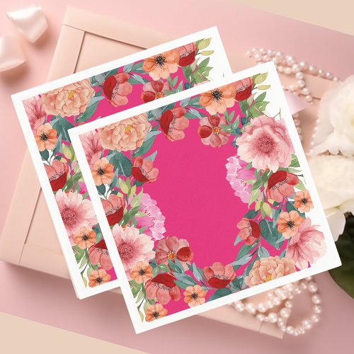 Watercolor floral bright pink bridal shower table napkins