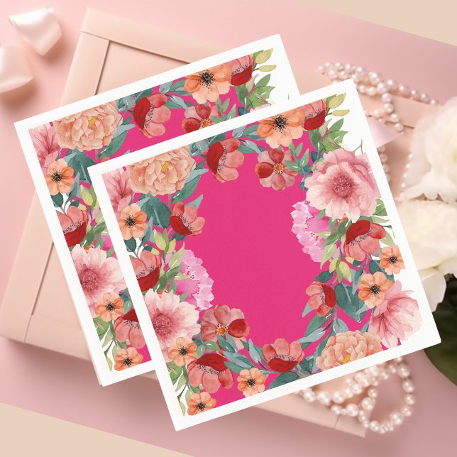 Watercolor floral bright pink bridal shower table napkins (Creator Uploaded)