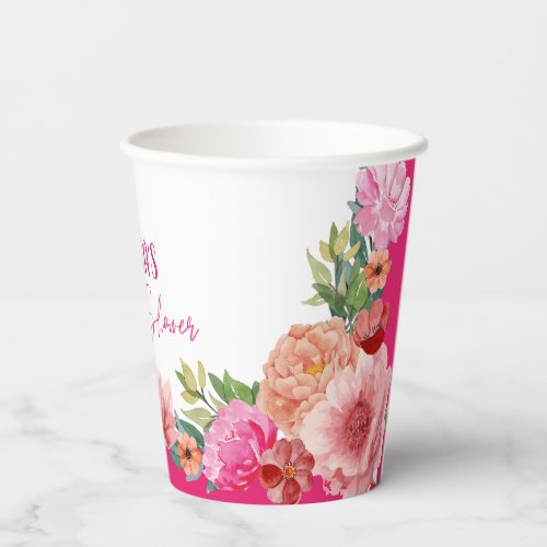 Watercolor floral bright pink bridal shower table paper cups