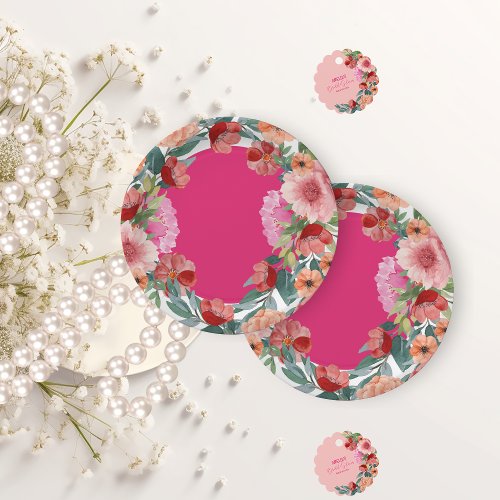 Watercolor floral bright pink bridal shower table paper plates