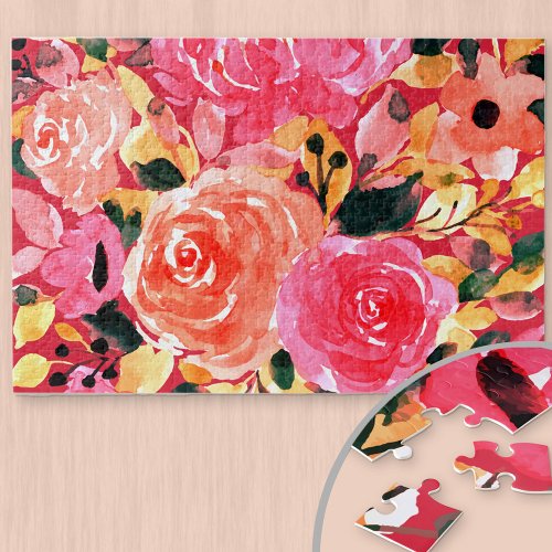 Watercolor Floral Bright Pink Summer Blooms Jigsaw Puzzle