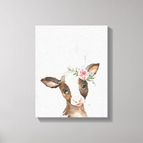 Watercolor Floral Brown Cow Baby Animals Art Canvas Print