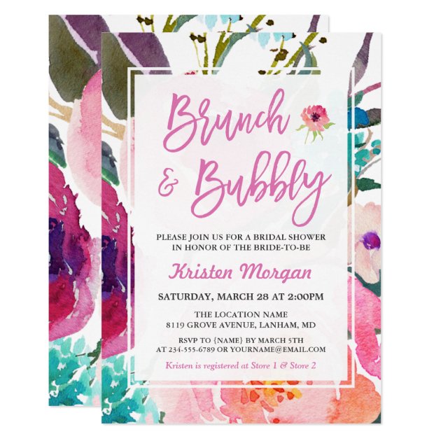 Watercolor Floral Brunch And Bubbly Bridal Shower Invitation