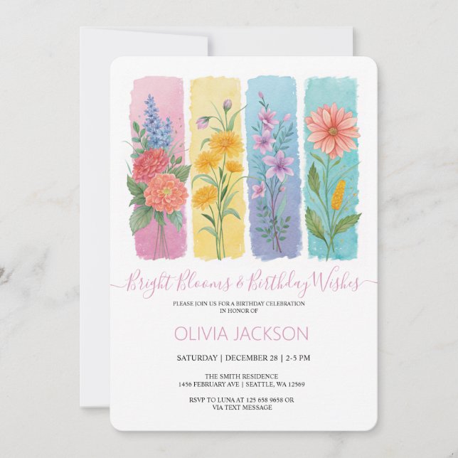 Watercolor Floral Brushstroke Birthday Invitation  (Front)