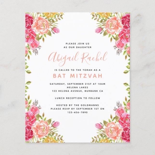 Watercolor Floral Budget Bat Mitzvah Invitation (Front)