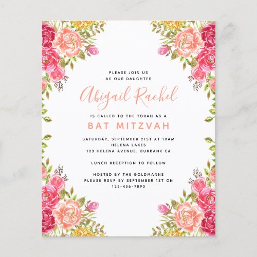 Watercolor Floral Budget Bat Mitzvah Invitation