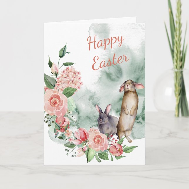 Watercolor Floral Bunnies Easter Card (Front)