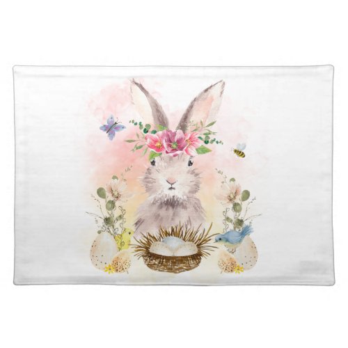 Watercolor Floral Bunny Rabbit Easter Cloth Placemat