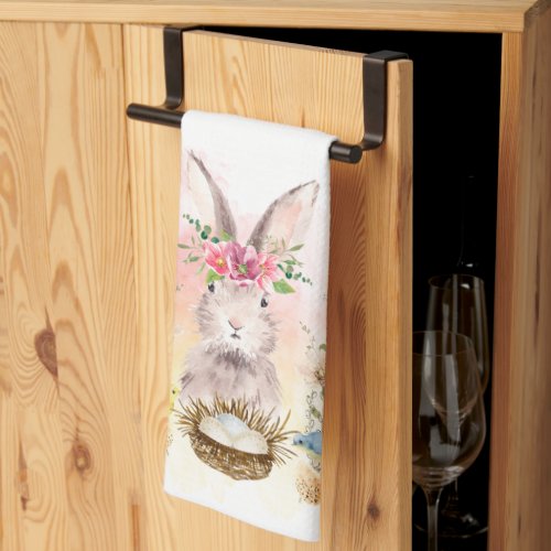 Watercolor Floral Bunny Rabbit Easter Kitchen Towel