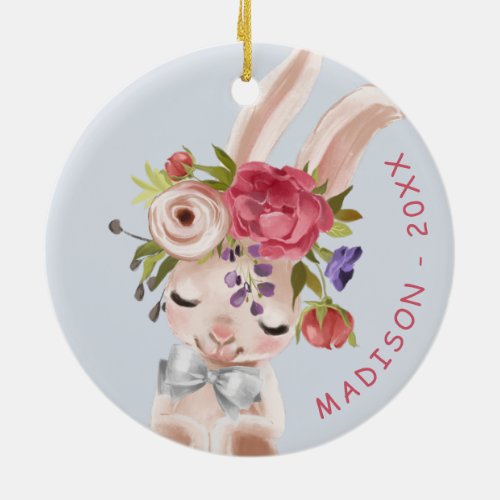 Watercolor Floral Bunny Rabbit Name  Easter Ceramic Ornament