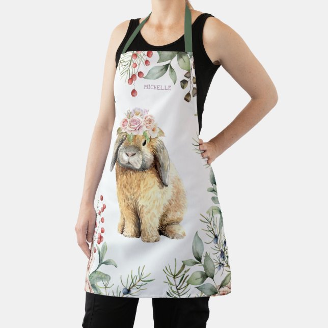 Watercolor Floral Bunny Rabbit Personalized Name Apron (Insitu)
