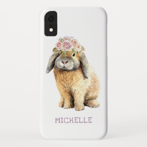 Watercolor Floral Bunny Rabbit Personalized Name iPhone XR Case