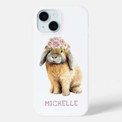 Watercolor Floral Bunny Rabbit Personalized Name iPhone 15 Case