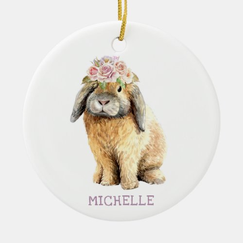 Watercolor Floral Bunny Rabbit Personalized Name Ceramic Ornament