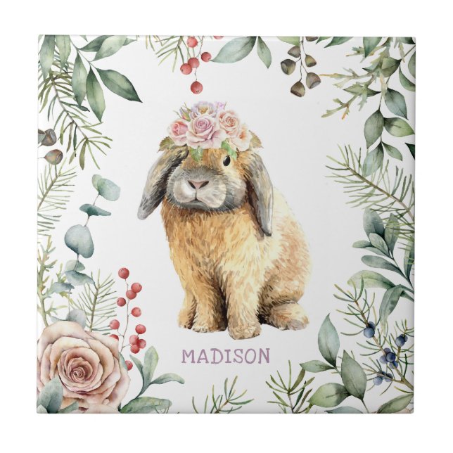 Watercolor Floral Bunny Rabbit Personalized Name Ceramic Tile (Front)