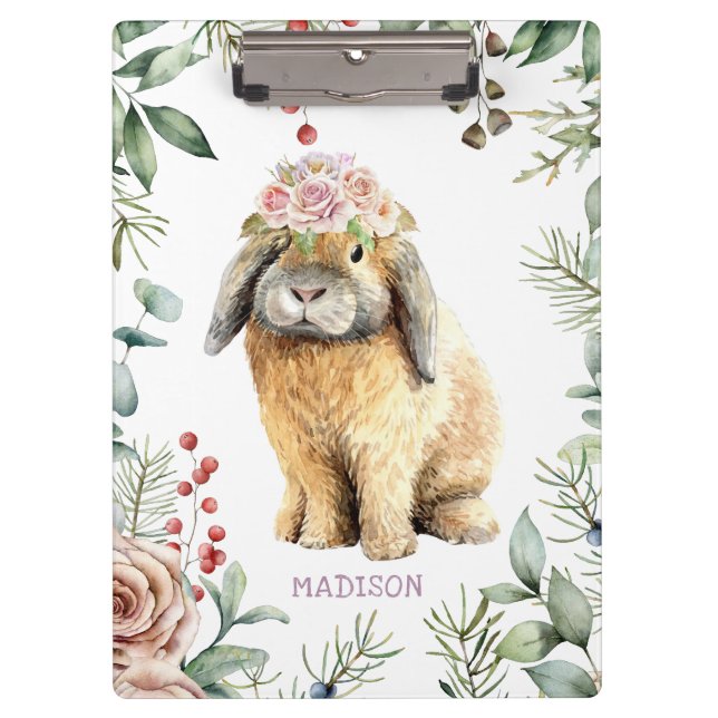 Watercolor Floral Bunny Rabbit Personalized Name Clipboard (Front)