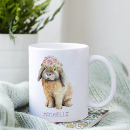 Watercolor Floral Bunny Rabbit Personalized Name Coffee Mug
