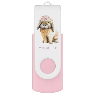 Watercolor Floral Bunny Rabbit Personalized Name Flash Drive