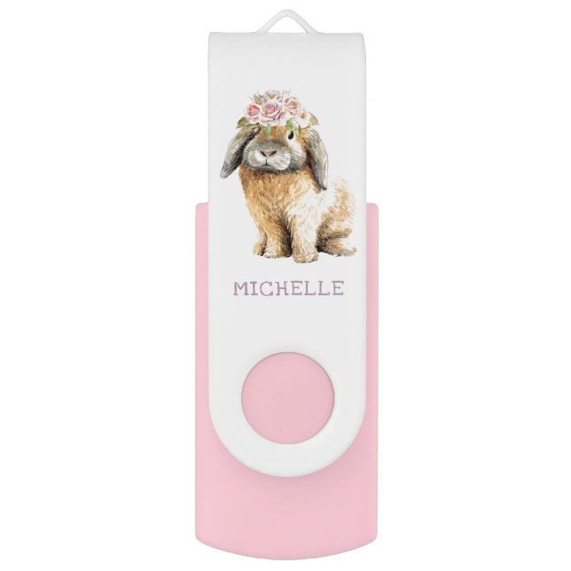 Watercolor Floral Bunny Rabbit Personalized Name Flash Drive (Front Vertical)