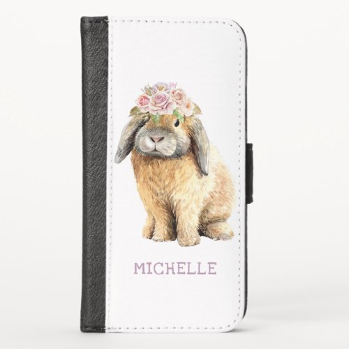 Watercolor Floral Bunny Rabbit Personalized Name iPhone XS Wallet Case