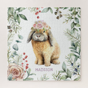 Watercolor Floral Bunny Rabbit Personalized Name Jigsaw Puzzle