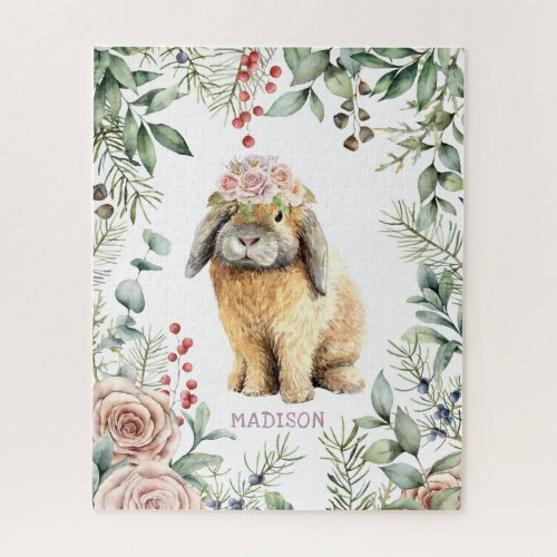 Watercolor Floral Bunny Rabbit Personalized Name Jigsaw Puzzle