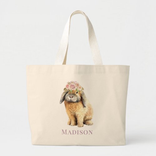 Watercolor Floral Bunny Rabbit Personalized Name Large Tote Bag