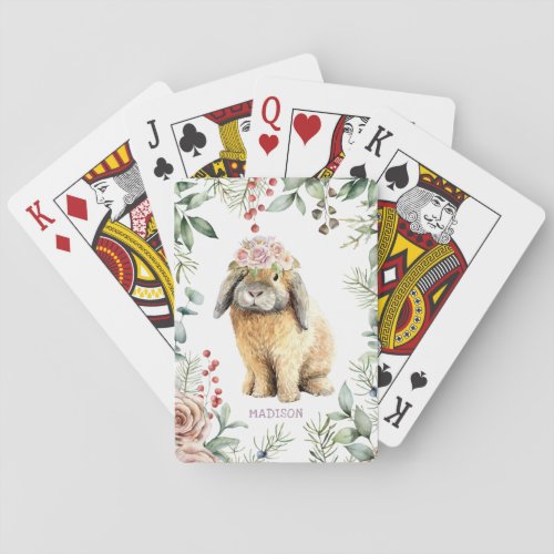 Watercolor Floral Bunny Rabbit Personalized Name Poker Cards