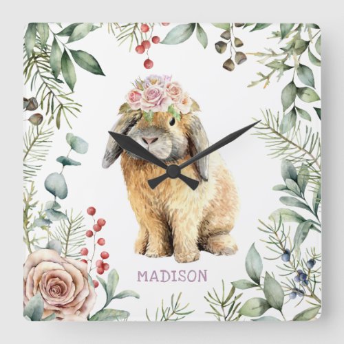 Watercolor Floral Bunny Rabbit Personalized Name Square Wall Clock