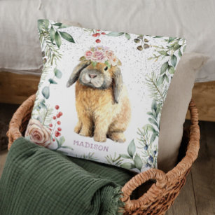 Watercolor Floral Bunny Rabbit Personalized Name Throw Pillow