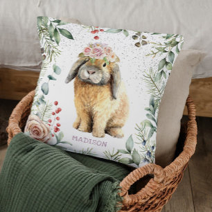 Watercolor Floral Bunny Rabbit Personalized Name Throw Pillow
