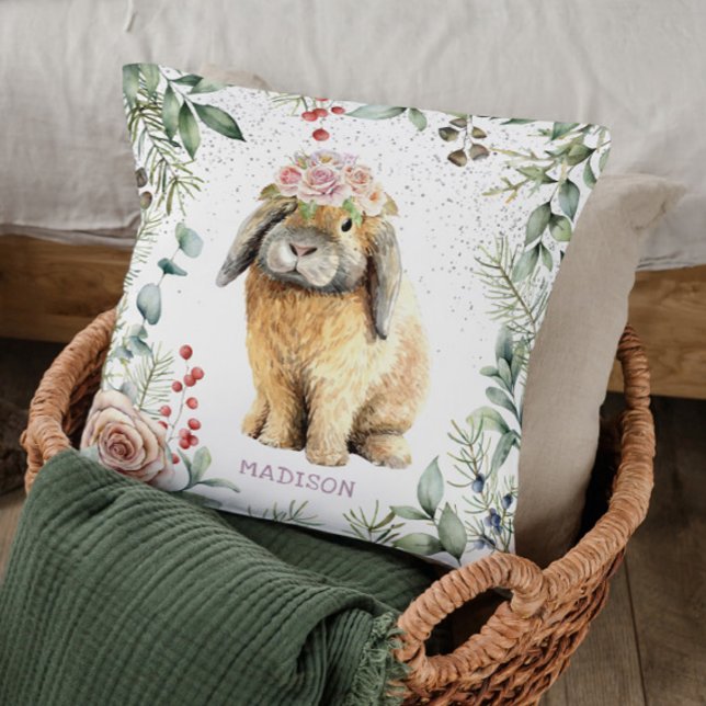 Watercolor Floral Bunny Rabbit Personalized Name Throw Pillow (Creator Uploaded)