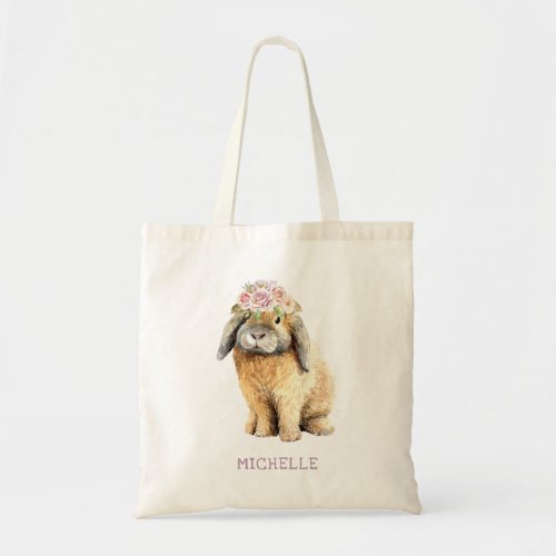 Watercolor Floral Bunny Rabbit Personalized Name Tote Bag