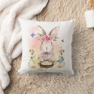 Watercolor Floral Bunny Rabbit Throw Pillow