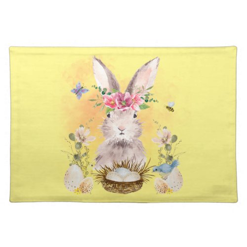 Watercolor Floral Bunny Rabbit Yellow Easter Cloth Placemat